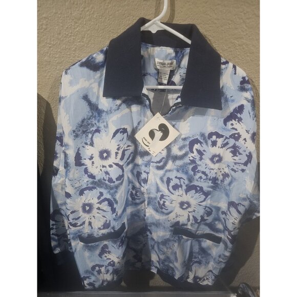 Euro Joy 100% Silk Blue Floral Windbreaker Jacket Vintage NEW Women's Medium - Picture 1 of 5